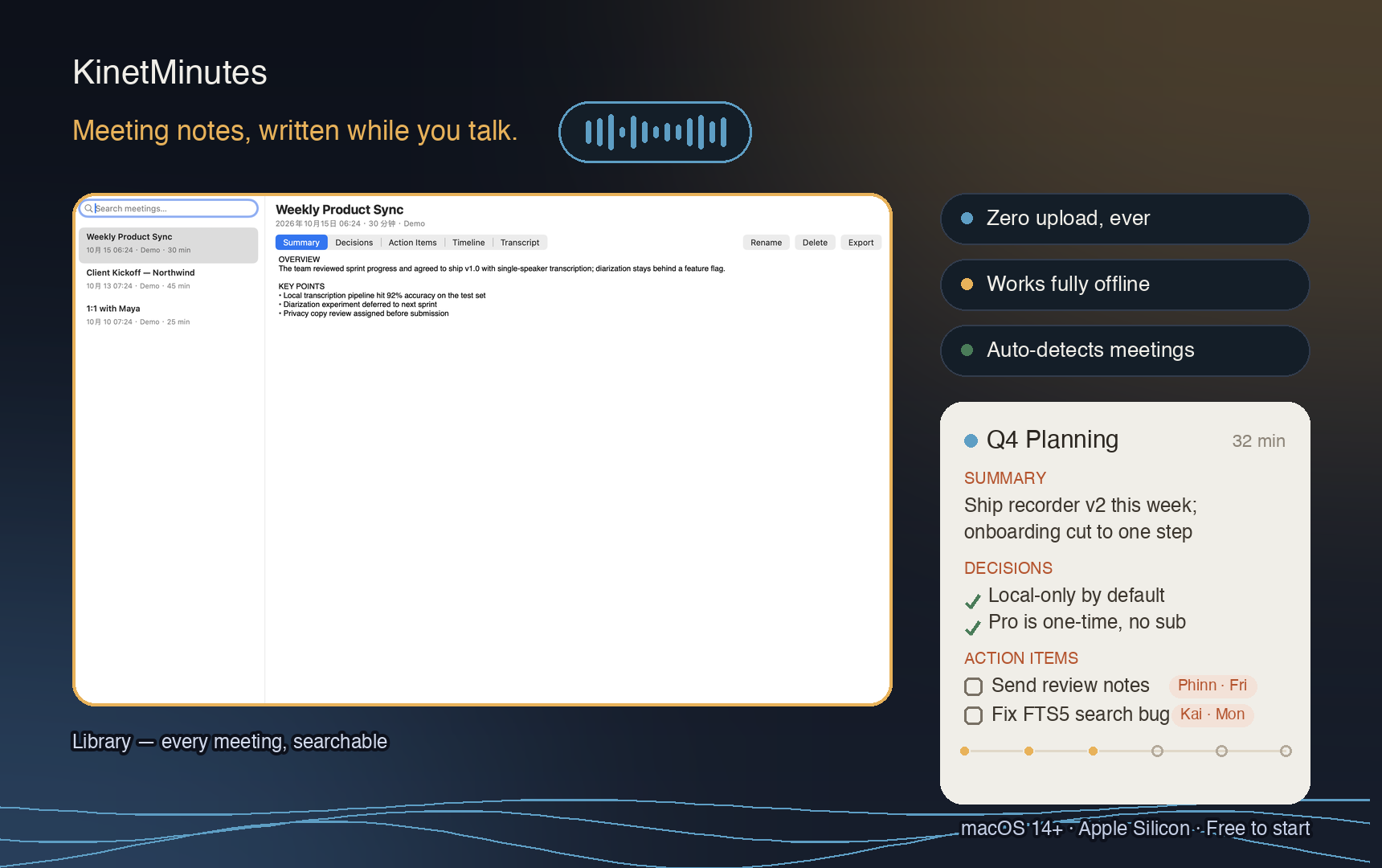 KinetMinutes meeting library on macOS — searchable notes with summaries, decisions and action items