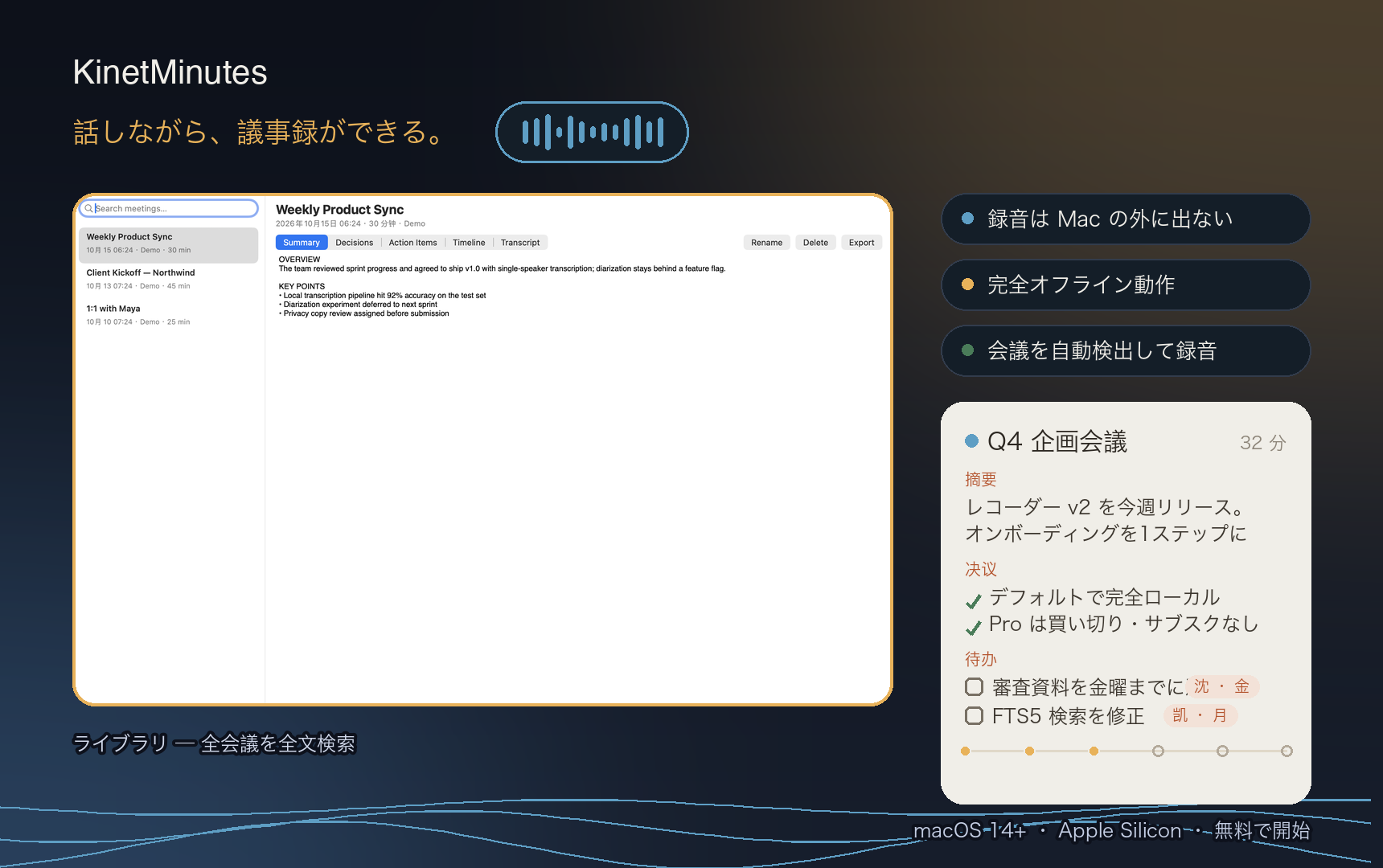 KinetMinutes の会議ライブラリ画面:議事録・決定事項・アクションとタイムライン